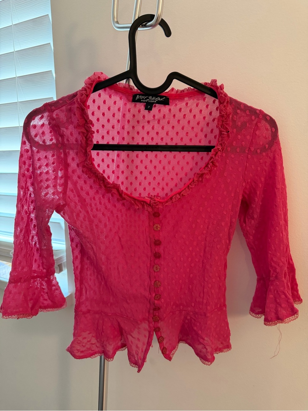 Betsey Johnson Bright Pink Swiss Dot Ruffle Button-Up Blouse